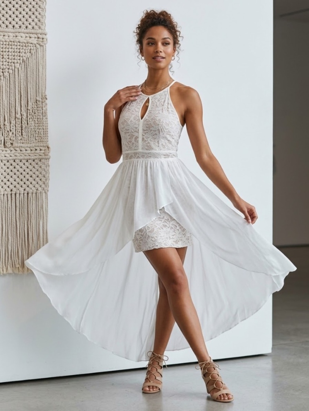 Morgan & Co Blush Lace Chiffon High Low Formal Dress